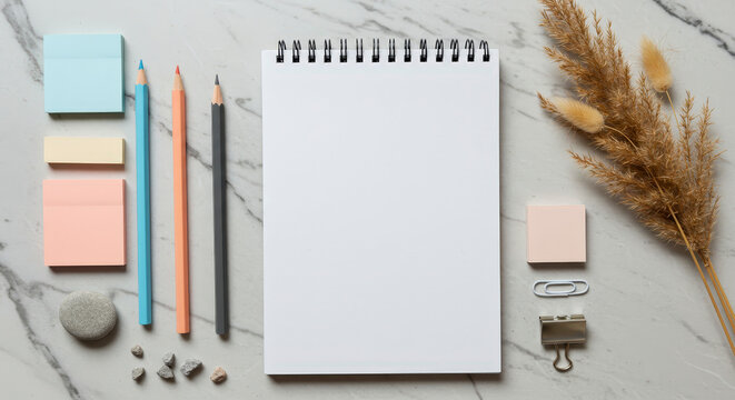 Flat Lay Composition of Office Supplies with Notebook Pencils Stickers and Golden Decor on Marble Texture - Powered by Adobe