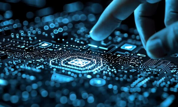 Close-up of a glowing circuit board with a finger hovering