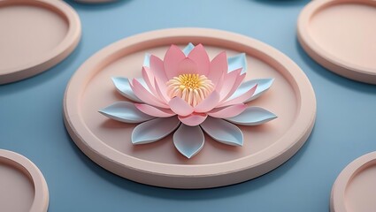Workplace meditation sessions concept, a pastel 3D lotus flower positioned on circular platforms in a minimalist digital setting conveying calm and unity