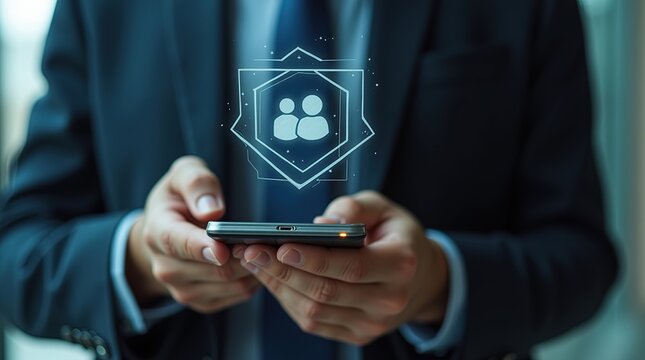 Businessman using smartphone with virtual group icon overlay