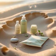 Perfume and cosmetic cream bottle displayed on beach sand near wellness spa essentials for skincare and relaxation