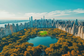 Fototapeta premium Aerial view of New York City showcasing skyscrapers and Central Park during autumn, New York City Aerial view and tall skyscrapers by Central Park Midtown Manhattan skyline