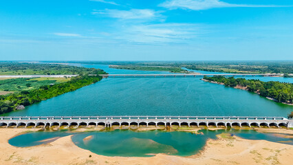 An aerial view of a large dam in Tamil Nadu, South India.