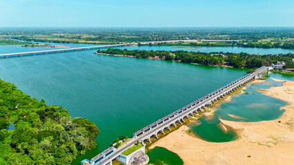 An aerial view of a large dam in Tamil Nadu, South India.