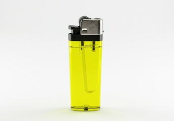 Yellow lighter isolated on white background, close up shot