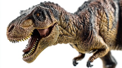 Obraz premium Detailed toy model of a Tyrannosaurus rex with textured scaly skin, dark brown to tan hues, wide-open mouth, sharp yellow teeth, orange eyes, and dynamic aggressive stance.