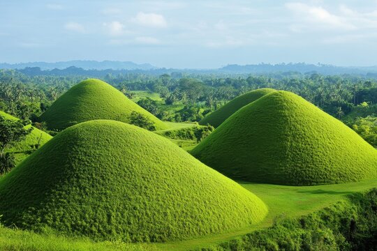 Green rolling hills under a bright blue sky create a vibrant backdrop for playful moments in nature, Teletubbies Hill with green rolling hills under a clear sky, Indonesia
