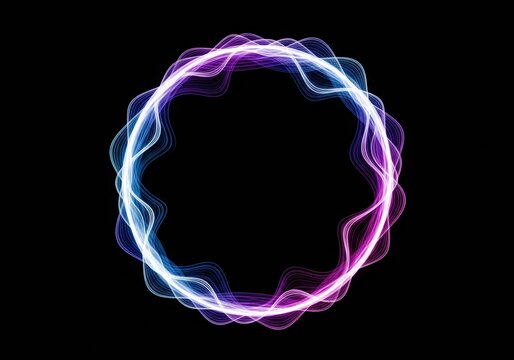 Abstract Glowing Neon Ring With Wavy Energy Patterns And Particles On Black Background