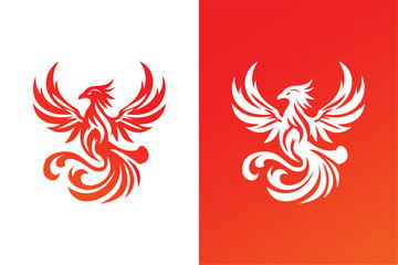Silhouette flying phoenix logo illustration, animal phoenix bird logo graphic element, icon design. red and white color background