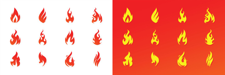 Set fire icons with different shapes. Set of fire symbols with 2 backgrounds white and red. Vector illustration.