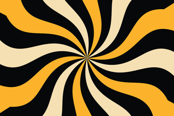 Spiral retro background with orange, black and white colors, swirling radial pattern, abstract vector illustration