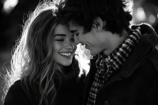 Young couple enjoys a joyful conversation while smiling in a sunlit outdoor setting during late afternoon, Young couple talking and smiling