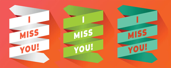 I miss you, handwritten in textured ribbon folds of white, yellow and pastel colors isolated on an orange background. suitable for greeting cards for lovers. Love message sticker.