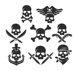 Set of Jolly Roger Pirate Symbol Icon set collection with skull and bones or crossbones Anchors, Swords, Guns, Bandana for pirate flag, grim reaper cartoon, Black Silhouette Emblem.