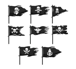 Set of Pirate Flag with Jolly Roger Symbol Icon set collection with skull and bones or crossbones Anchors, Swords, Guns, Bandana for pirate flag, grim reaper cartoon, Black Silhouette ripped flag