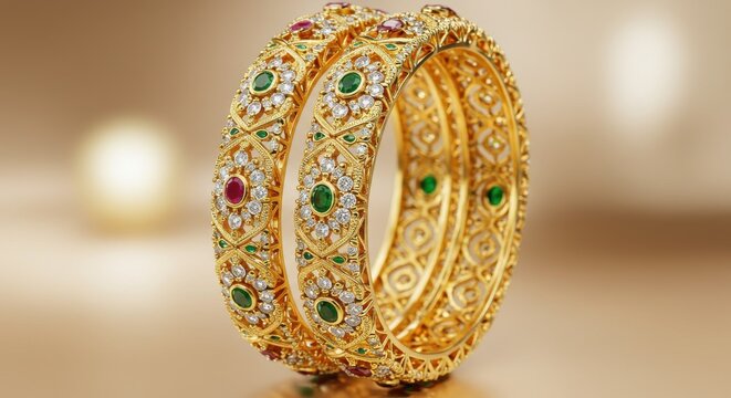 Golden bangles isolated on white background with jewel embellishments