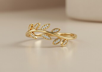 Gold leaf ring isolated on white background with diamonds