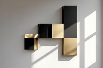 A minimalist wall decoration with geometric shapes in black and gold, hanging on a plain white background wall. Soft shadows and clean aesthetic.