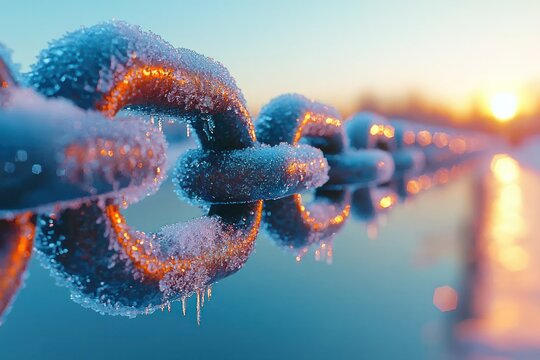 Frozen chain links glistening in winter sunlight