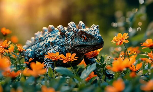 Dinosaur amidst orange flowers