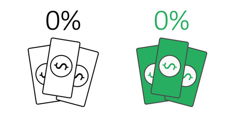 Zero interest BNPL icon with percentage symbol, and money graphic, ideal for finance, payment, and buy now pay later promotions.