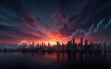 City skyline at dramatic sunset with financial data overlay
