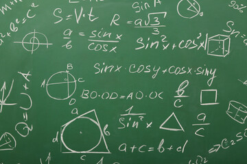 Different drawn geometric figures and math formulas on green chalkboard