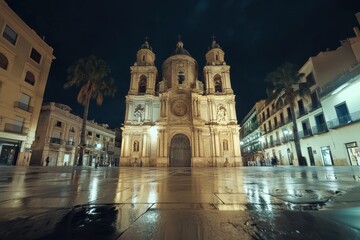 Fototapeta premium Timelapse capturing the stunning architecture of Murcia Cathedral in Belluga Square at night, Timelapse of Murcia Cathedral in Belluga square