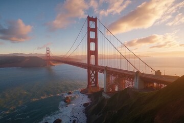 Fototapeta premium Time Lapse capture of Golden Gate Bridge illuminated at sunset with San Francisco skyline in distance, Timelapse of Golden Gate Bridge and San Francisco