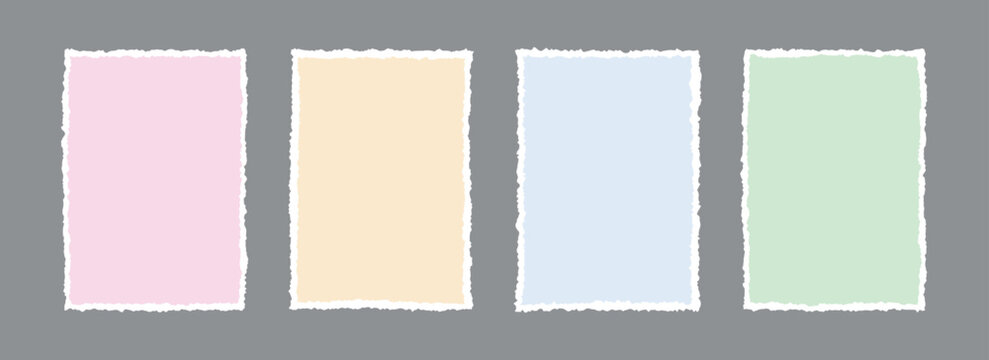 Torn paper frame backgrounds. Colored blank sheet wallpapers with jagged edges. Ripped grunge element bundle for poster, text box, banner, collage, sticker. Vector rectangle craft backdrops