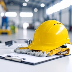 Yellow hard hat, protective gloves, safety goggles, and a clipboard with a checklist—neatly arranged on a clean surface or a light industrial background.	
