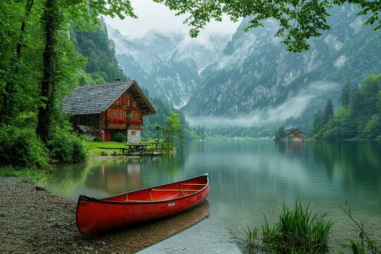 Idyllic alpine lake scene.  Wooden chalet nestled by tranquil lake, red canoe on shore, misty mountains