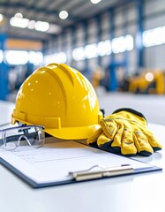Yellow hard hat, protective gloves, safety goggles, and a clipboard with a checklist—neatly arranged on a clean surface or a light industrial background.	
