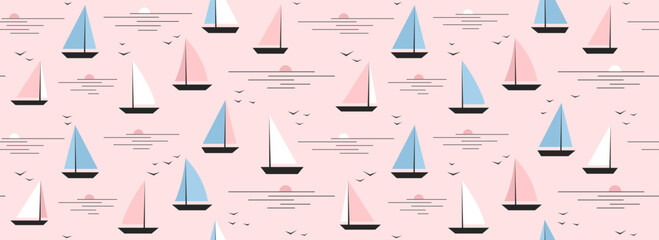 Cute boat seamless pattern. Summer marine repeated background. Pink nautical print for textile, fabric. Small cartoon yacht and birds in still water ocean. Baby nursery pattern. Vector illustration