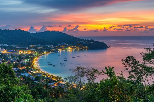 Stunning sunset over Kalim beach in Phuket island with glowing lights and tranquil sea views, Phuket island sunset sea view toward Kalim beach in Patong Thailand travel