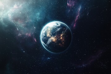 Obraz premium Planet Earth drifts into the abyss of space, surrounded by cosmic colors and distant galaxies, planet earth drifting into the abyss of space