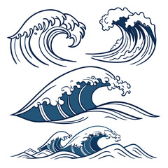 Obraz premium Stylized Ocean Waves in Various Forms and Sizes on a White Background
