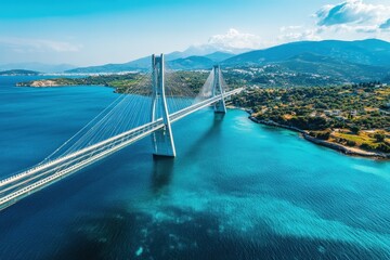 Obraz premium View of Chalkida Bridge over the turquoise waters of Evia in Greece on a sunny day, Drone aerial shot of Chalkida Bridge, an iconic landmark in Greece, the blue surface of the sea