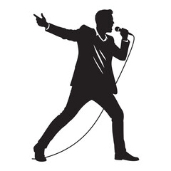 Black silhouette of a performing singer holding a microphone on a white background