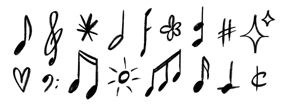 Hand drawn music notes and symbols set. Chalk doodle musical signs collection. Charcoal brush scribble music elements, sun, heart, star bundle. Crayon textured sketch music keys and clefs pack. Vector