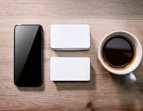 Business mock up photography featuring blank white business cards, smartphone, and coffee cup arranged neatly on wooden desk - Powered by Adobe