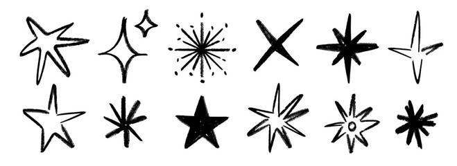 Obraz na płótnie Canvas Crayon hand drawn stars and sparkles set. Childish doodled sparks collection. Grunge rough brush stroke shine element pack for collage, poster, sticker, label. Black pencil sketched symbols. Vector