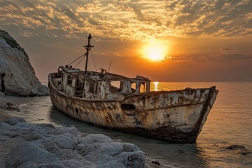 Shipwreck beach in Zakynthos at sunset reveals stunning natural beauty and history of Greece, Zakynthos Greece Shipwreck beach aerial view