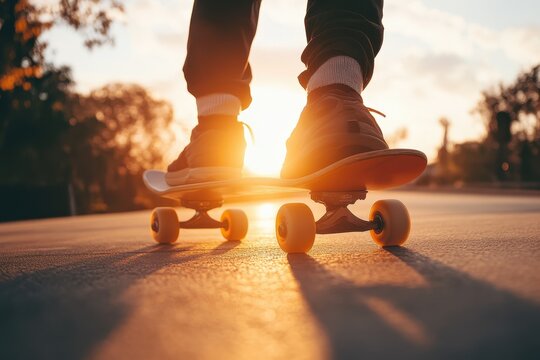 Skateboarding on a sunny street during sunset creates a vibrant atmosphere, Person skateboarding on street at sunset
