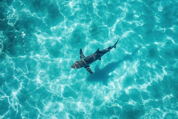 Shark gliding gracefully through the vibrant blue waters of a tropical ocean, Shark swimming in clear, vibrant blue ocean