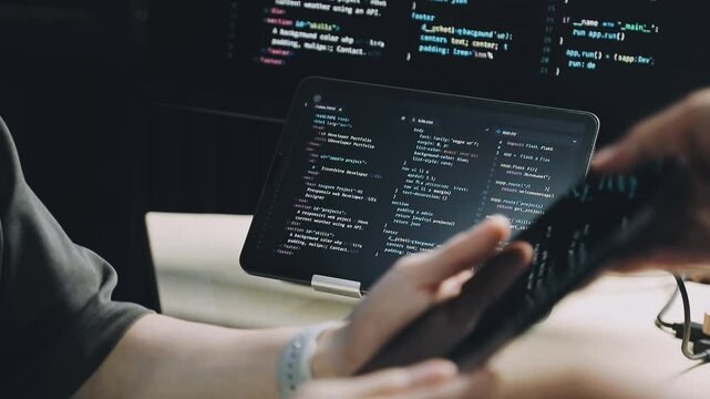 Male programmer working on new project.He working late at night at the office.