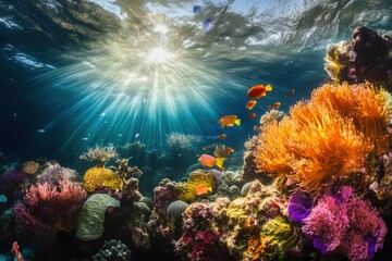 Naklejka premium Vibrant underwater coral reef teeming with colorful marine life in bright sunlight, Vibrant underwater coral reef scene with colorful marine life and sunlight