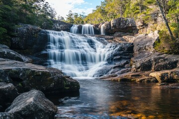 Fototapeta premium Discover the beauty of Upper Cam Falls in Tasmania's tranquil forest landscape, Upper Cam falls in Australia forest Tasmania nature and wildlife