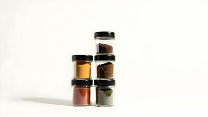 Sustainable Food Packaging Stacked spice jars with clear contents and zero-label style,