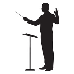 Naklejka premium Silhouette of a conductor with a baton directing an orchestra isolated on white